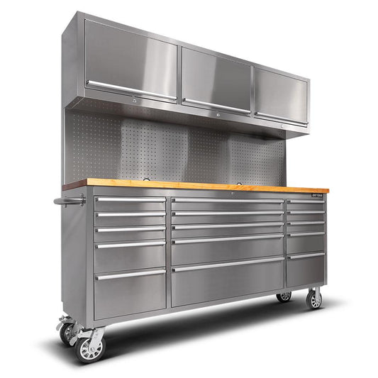 72" Stainless Steel 15 Drawer Tool Chest with Wooden Top, 3 Upper Cabinets & Peg Board